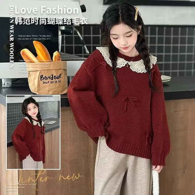 女大童本命年红毛衣秋冬2025新款儿童蝴蝶结针织韩系女孩加厚上衣