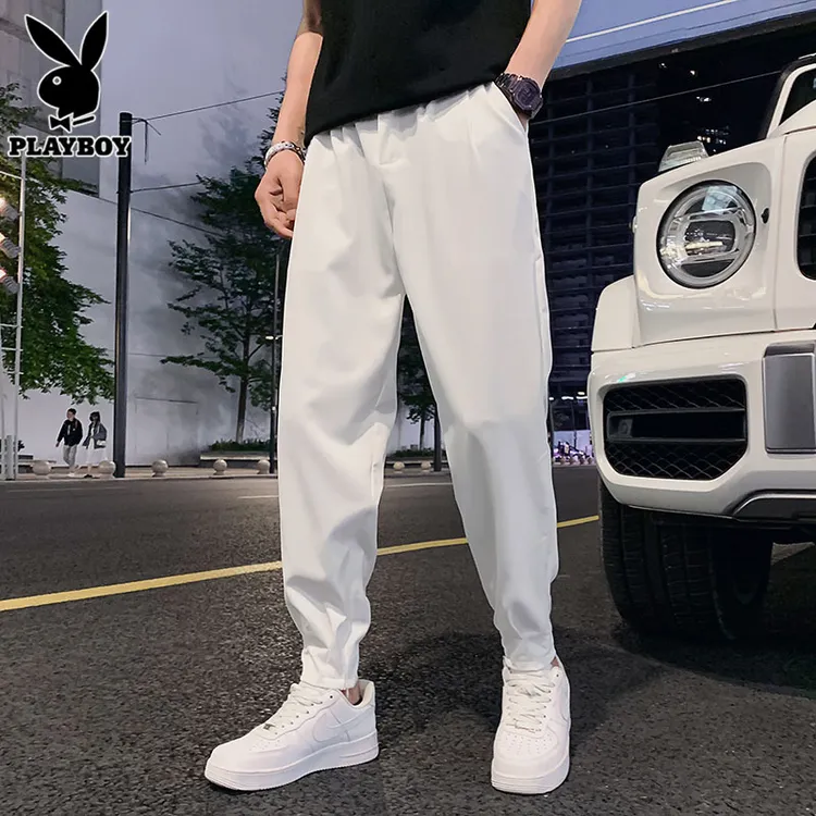 花花公子白色裤子男款宽松束脚哈伦裤春秋新款高级感休闲男士长裤