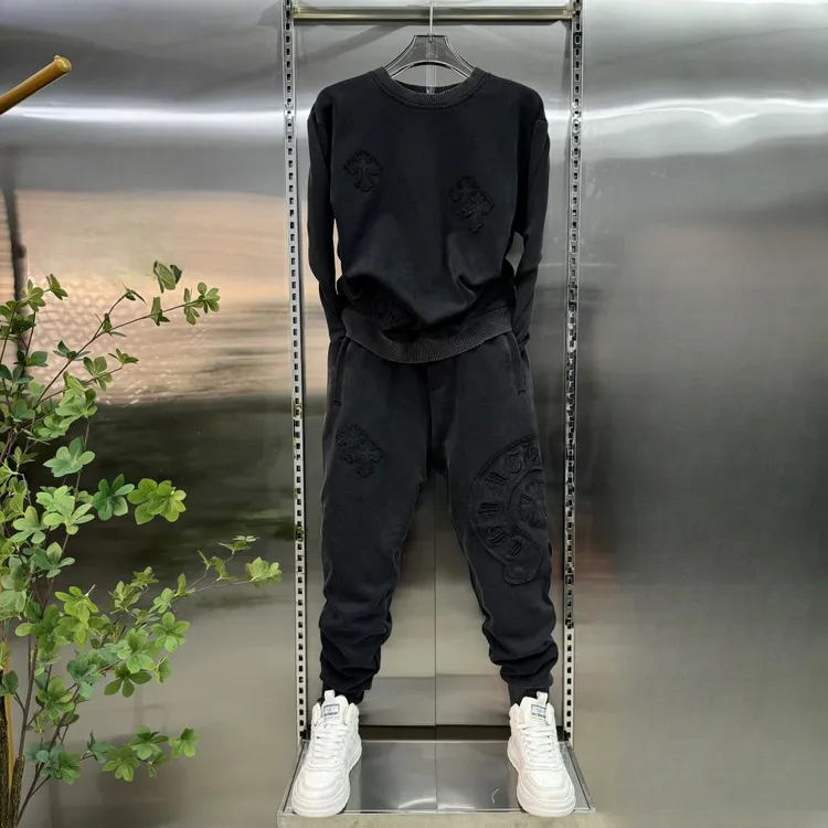 秋冬新款重工刺绣潮牌男装时尚卫衣卫裤两件套圆领运动休闲套装帅