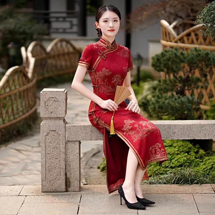 【旗开得胜】中国风夏季复古中长款修身提花优雅旗袍日常走秀气质