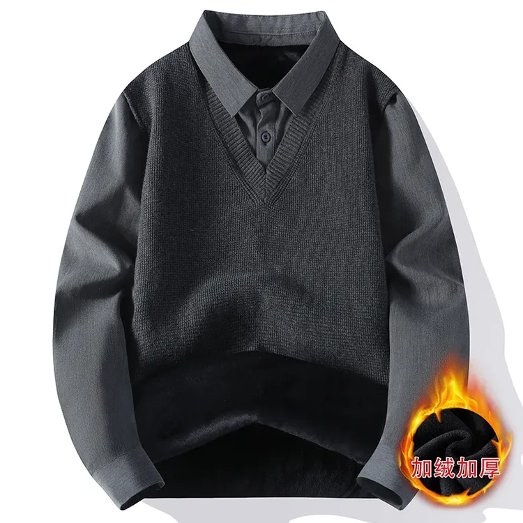 假两件针织毛衣男士宽松秋冬2024新款日系加厚保暖加绒翻领毛线衣