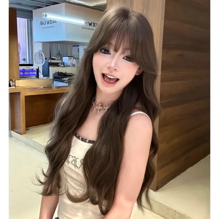 假发女冷棕色刘海水波纹长卷发浪蓬松自然逼真法式水波纹整顶全头