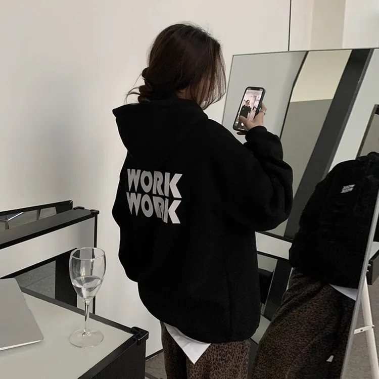 黑色连帽卫衣女加绒秋冬2025新款宽松美式复古慵懒风欧货大版外套