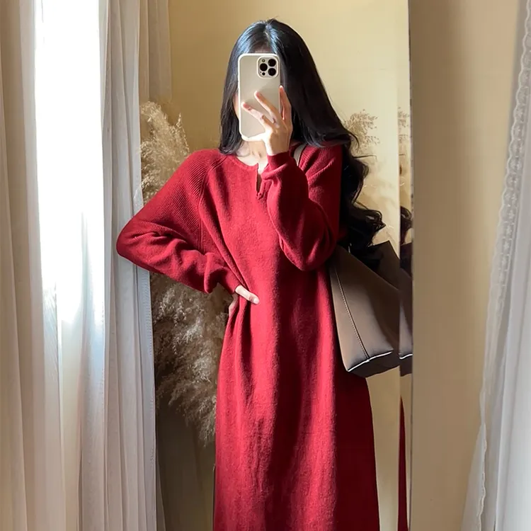 【ROUROU】美人毛衣｜慵懒风纯色宽松百搭长袖针织连衣裙Ro-2604
