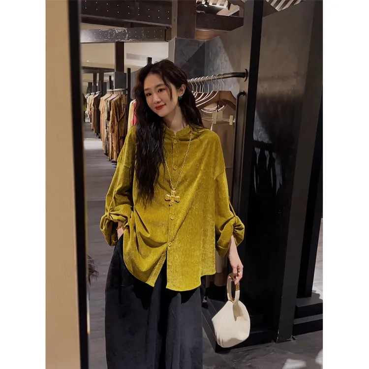 三吉黑花【相思故】新中式雪尼尔绒衬衫女上衣2024新款轻奢高级感