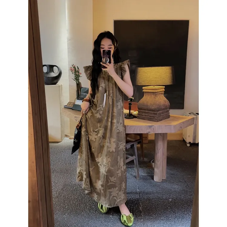 三吉黑花【白茶清欢】国风新中式飞袖背心裙南法度假风连衣裙