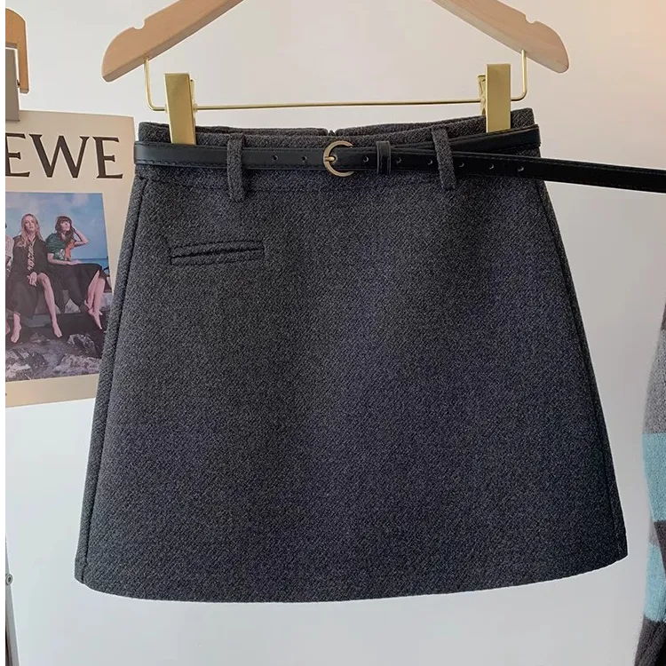 灰色毛呢a字半身裙女2025秋冬季新款小个子加厚高腰包臀裙短裙子