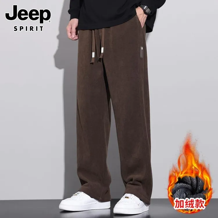 Jeep吉普秋冬新款休闲裤男士潮牌宽松直筒阔腿长裤加绒加厚裤子男