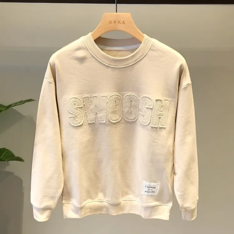 秋冬新款男士字母拼接长袖宽松套头刺绣潮牌卫衣百搭加绒潮流秋款