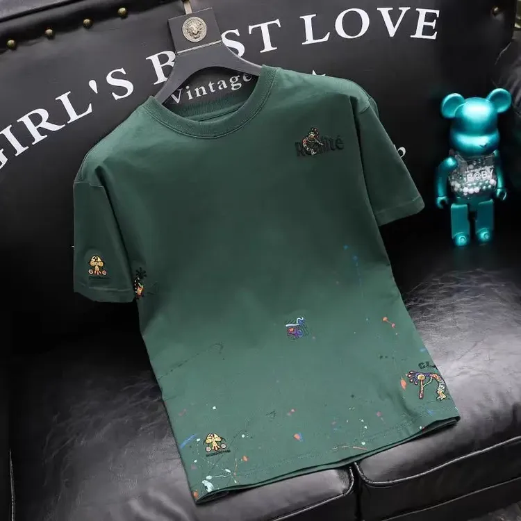 男士短袖T恤潮流美式潮牌泼墨刺绣2025夏季新款轻奢绿色半袖小衫