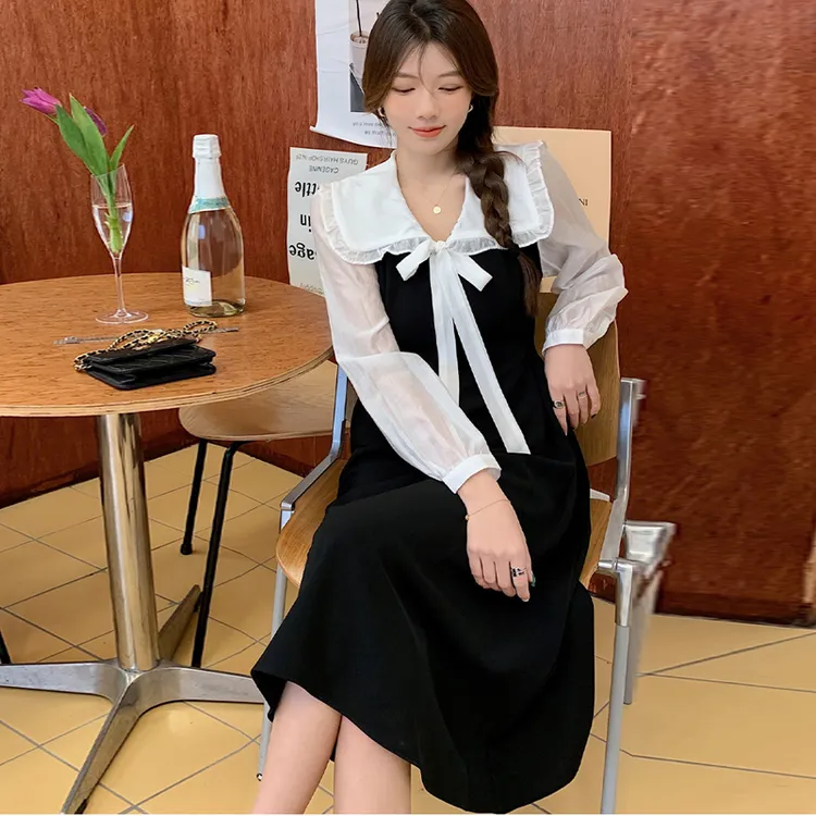 花边娃娃领连衣裙女2023春季新款甜美收腰显瘦初恋系高腰纯色裙子