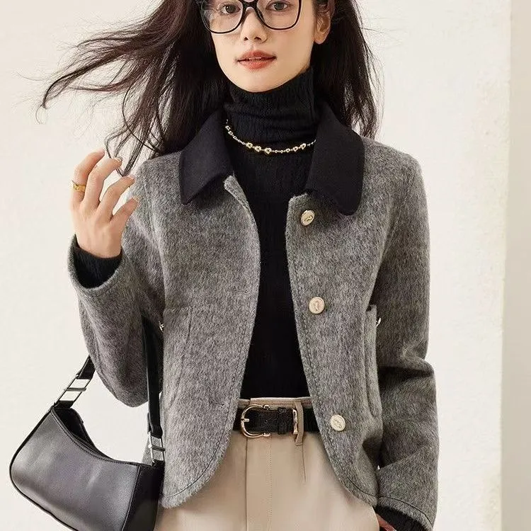 小香风单面毛呢秋冬新款毛呢外套撞色翻领长袖气质百搭开衫女