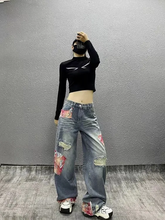 美式高街拼接设计感破洞流苏牛仔裤女直筒印花休闲牛仔长裤12170