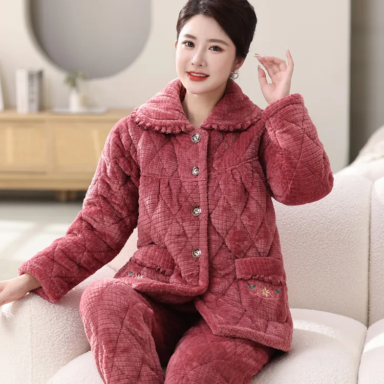 冬季女士夹棉睡衣家居服中老年三层珊瑚绒保暖睡衣女冬加厚睡衣
