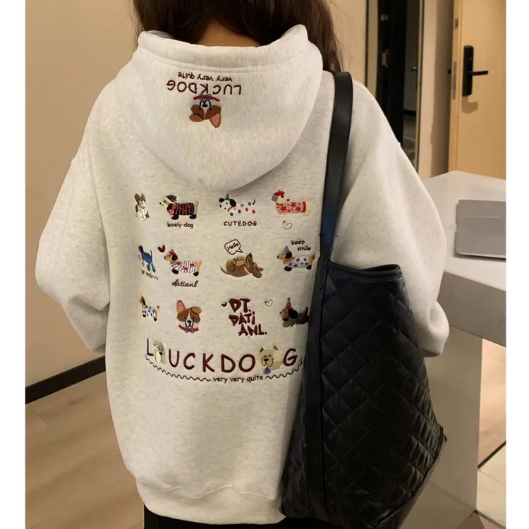 爆款冬加绒后背蜡肠狗重工刺绣百搭连帽趣味休闲慵懒卫衣时尚减龄