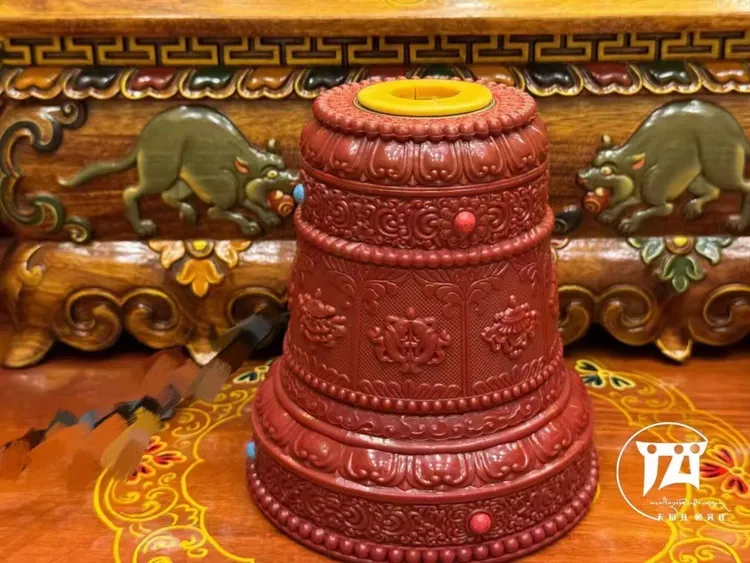 电动复古手摇底座八吉祥雕花彩珠镶嵌转动金桶桌面摆件工艺品
