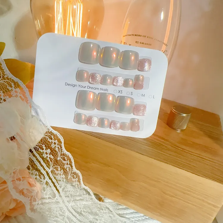 【华尔兹】纯手工穿戴甲夏日裸色冰透镜面简约猫眼穿戴式脚指甲22片