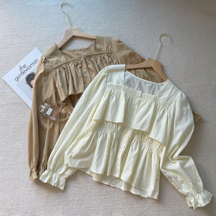 秋季韩版方领荷叶边甜美百搭设计感蕾丝褶皱洋气文艺衬衫女小上衣