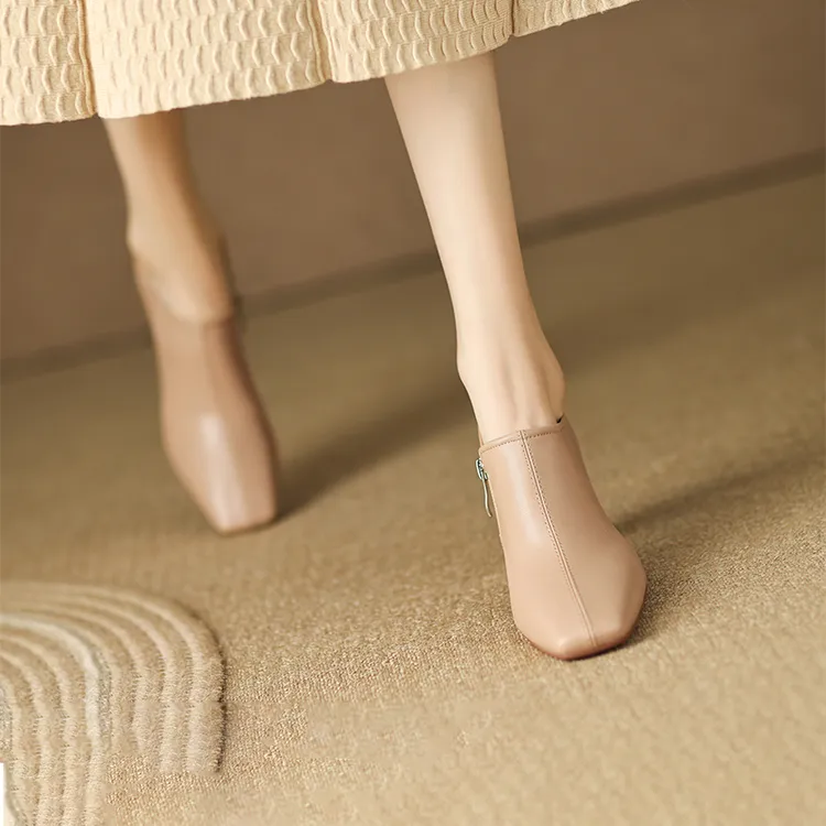 气质法式小踝靴瘦瘦靴裸色深口单鞋春季高跟鞋粗跟白色洋气小短靴