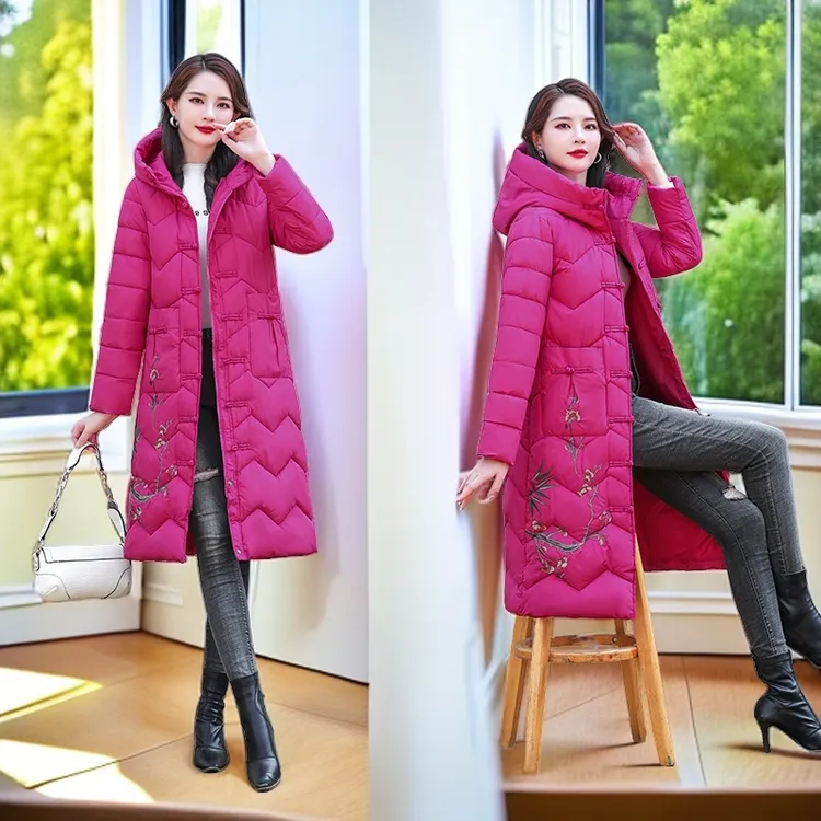 民族风棉服拉链长款过膝中式刺绣中国风棉衣妈妈装潮国潮绣花棉服