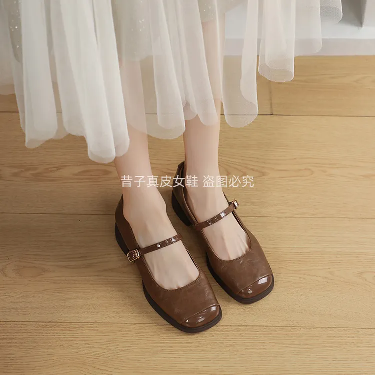 xizi/昔子985夏季中跟浅口方头单鞋低跟粗跟复古一字带玛丽珍鞋女