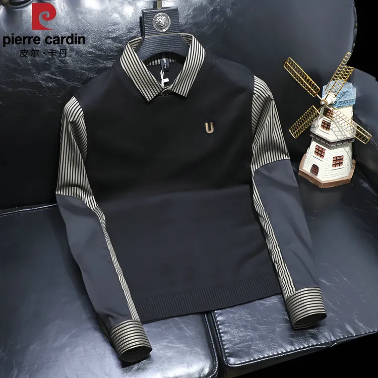 皮尔卡丹正品秋冬新款商务男士休闲长袖修身假两件条纹针织衫上衣