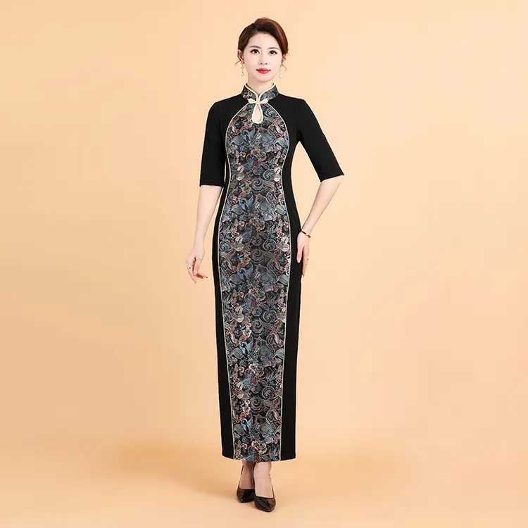 黑色改良旗袍女长款高端气质显瘦古法新中式旗袍连衣裙夏L5325-2