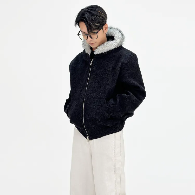 SongC冬季美式复古座山雕毛绒夹克男加厚水洗帆布连帽外套宽松