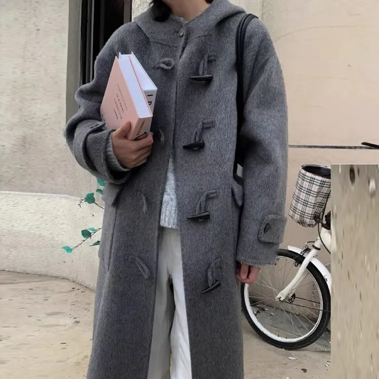 新款牛角扣双面羊毛大衣女学院风宽松连帽小个子羊毛外套