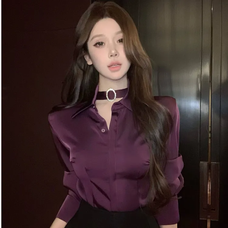 紫色长袖衬衫女秋季缎面气质高级感御姐衬衫女2025新款爆款洋气