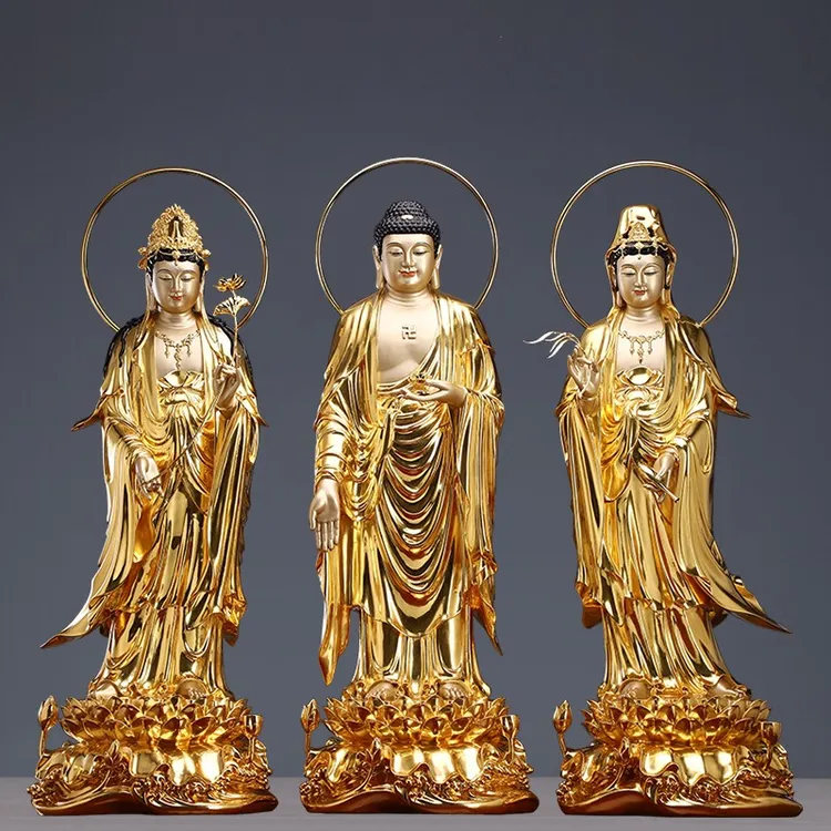 铜贴金观世音阿弥大势至西方三圣像带背光家居观音菩萨神像