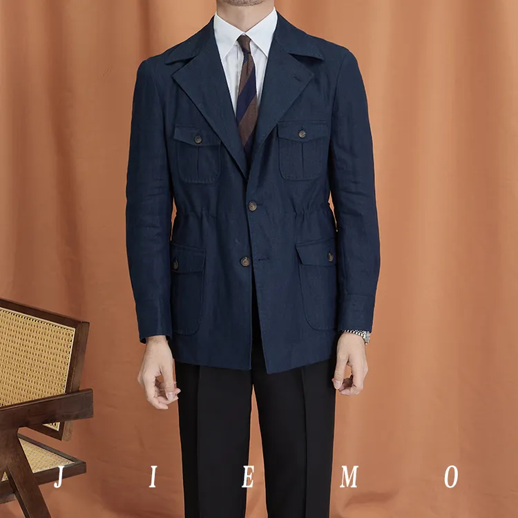 藏青色夹克猎装外套男春秋复古休闲翻领商务通勤透气100%亚麻上衣