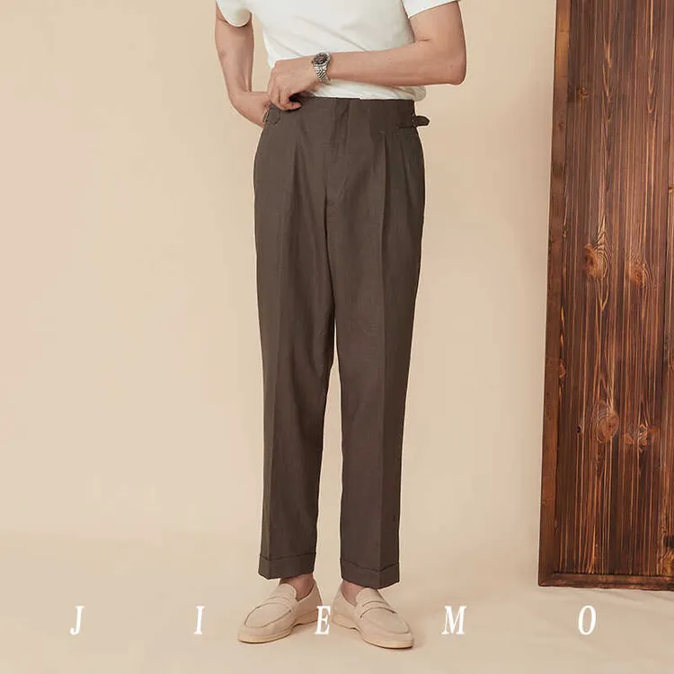 休闲那不勒斯复古高腰好莱坞西裤男绅士英伦商务棉麻直筒长西裤潮