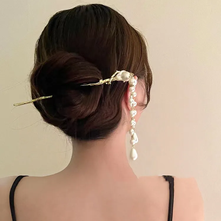 简约现代新中式珍珠盘发发簪女古风旗袍汉服簪子发杈步摇气质头饰
