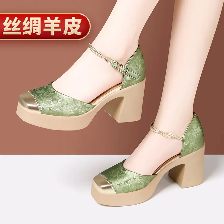 夏季时尚中跟走秀女士百搭厚底一字高跟粗跟软底高跟鞋妈妈鞋子