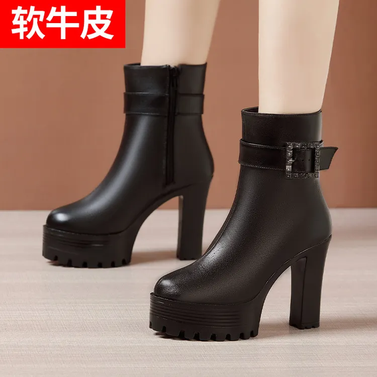 真皮高跟鞋百搭圆头粗跟短靴女春秋加绒保暖厚底防水高跟靴子短靴