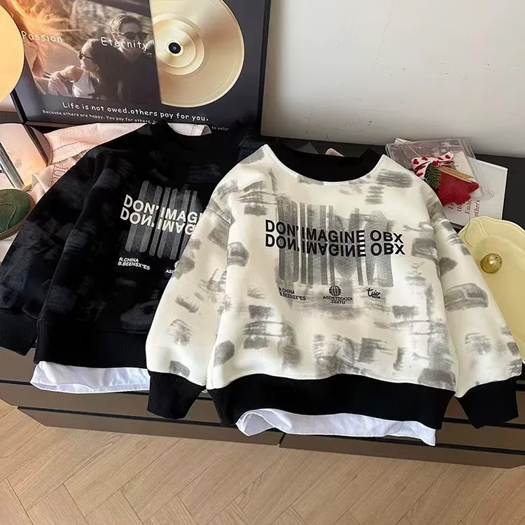 中小童一体绒加绒卫衣保暖儿童满印男女宝宝潮牌洋气休闲长袖上衣