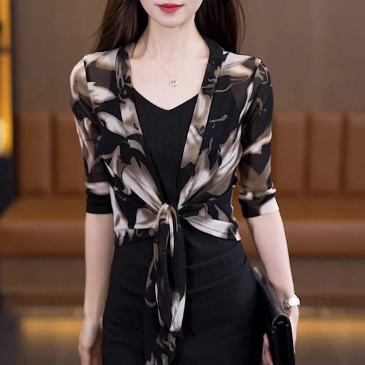 夏季新款时尚印花披肩吊带裙外搭气质绑带小外套百搭轻薄防晒开衫