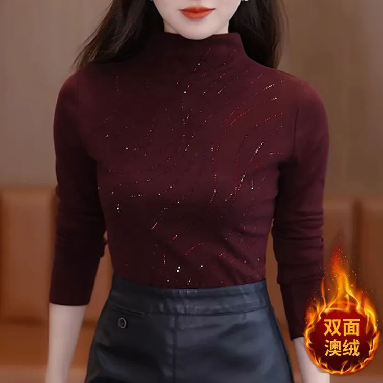 亮闪闪半高领德绒打底衫女新款安哥拉红上衣高级感小衫内搭可外穿