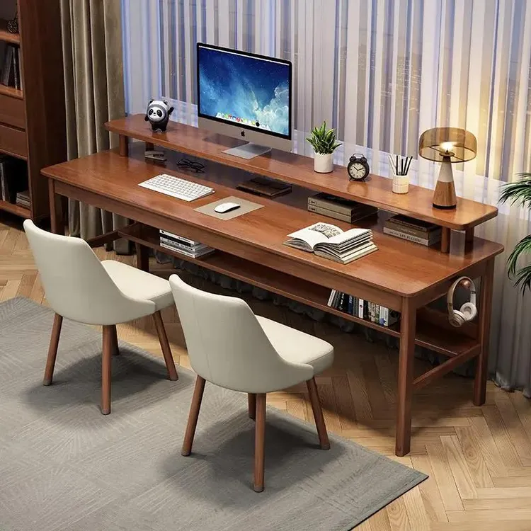 福岚实木书桌带书架双人电脑桌长条办公桌卧室学生租房学习桌书桌