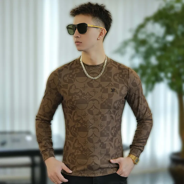 2024秋季新款欧货时尚潮流秋冬休闲花色百搭圆领空气层长袖打底衫