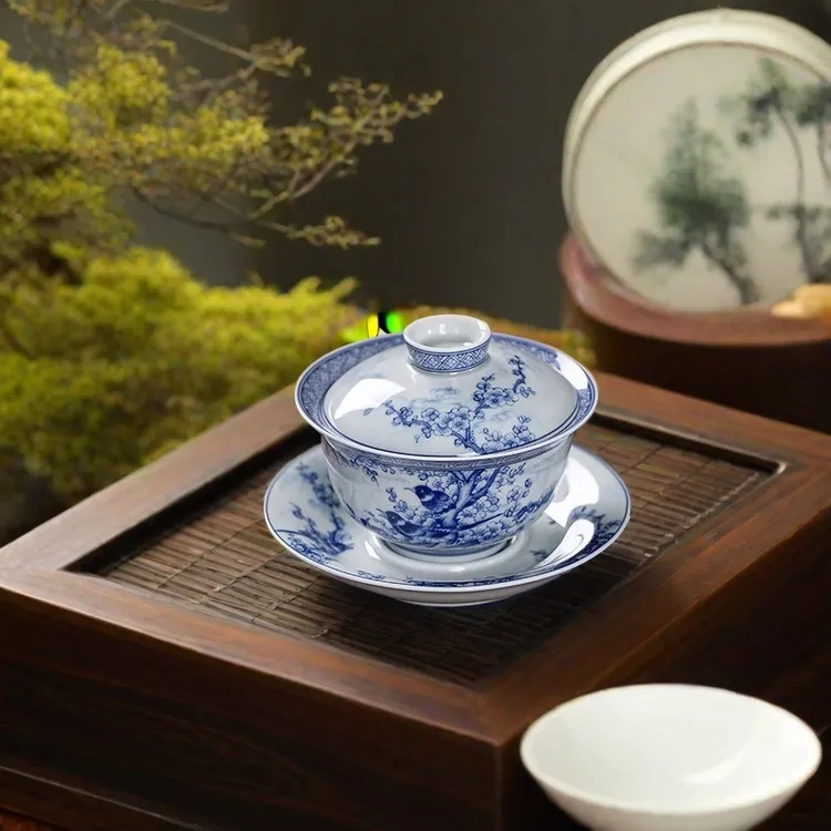 景德镇陶瓷喜上眉梢盖碗泡茶杯单个陶瓷家用功夫泡茶碗茶具青花瓷