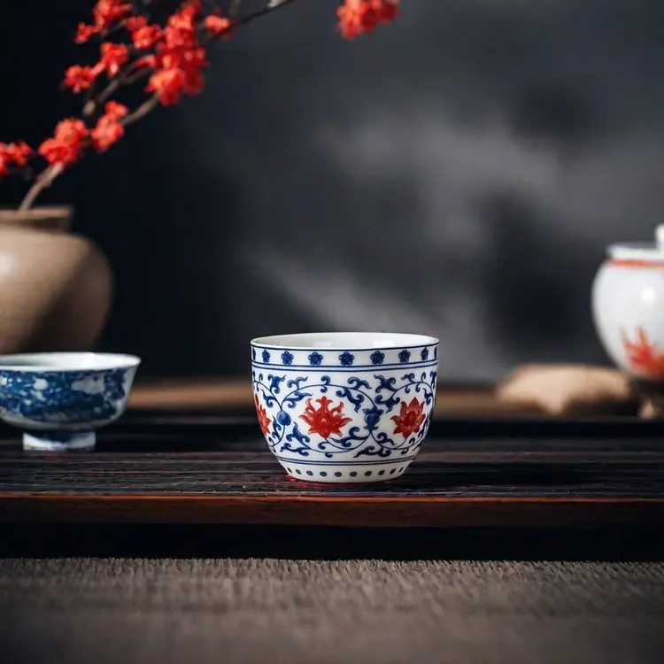 青花釉里红缠枝莲主人杯会客杯中式陶瓷茶具品茗杯釉下彩景德镇