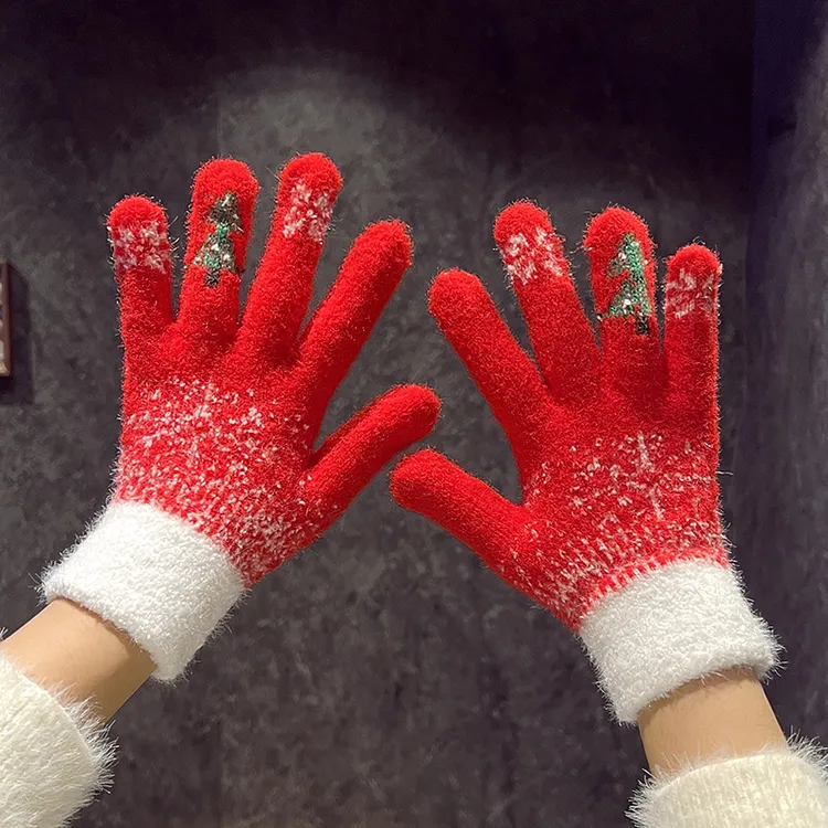新年圣诞红色手套女士冬天触屏学生可爱加厚毛绒骑行保暖毛线手套