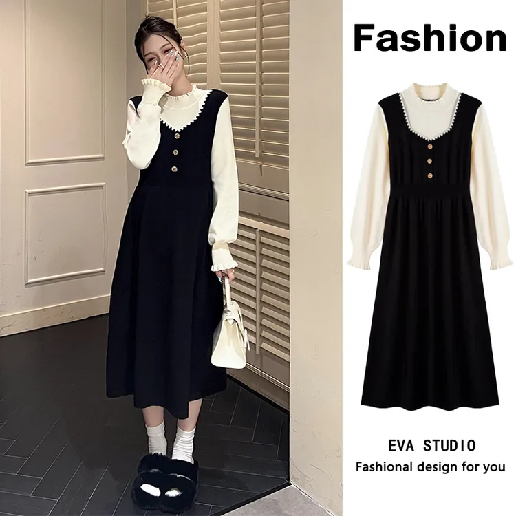 孕妇装秋冬装韩版气质显瘦假两件孕妇连衣裙洋气小香风打底针织裙