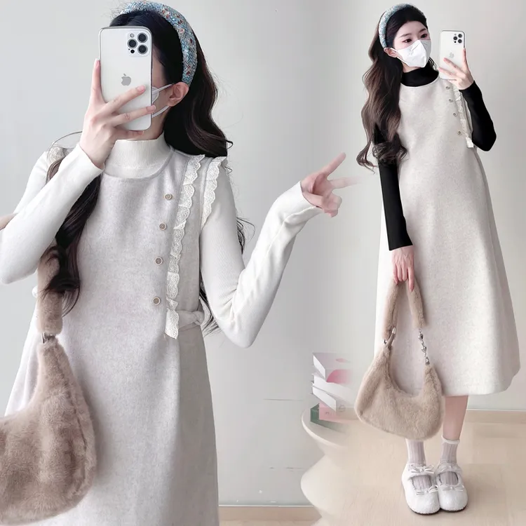 孕妇装秋冬装时尚韩版减龄百搭简约毛呢背心连衣裙显瘦针织打底衫