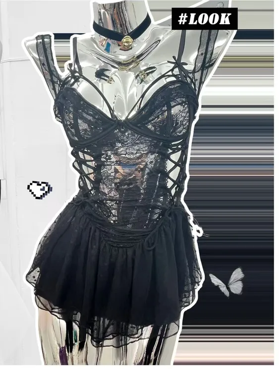 黑天使【80-165斤】黑色时尚女士性感蕾丝显瘦法式聚拢款连体睡裙