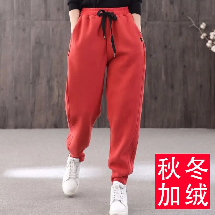 加绒加厚卫裤女冬季新款宽松运动裤百搭显瘦哈伦裤纯棉休闲保暖裤