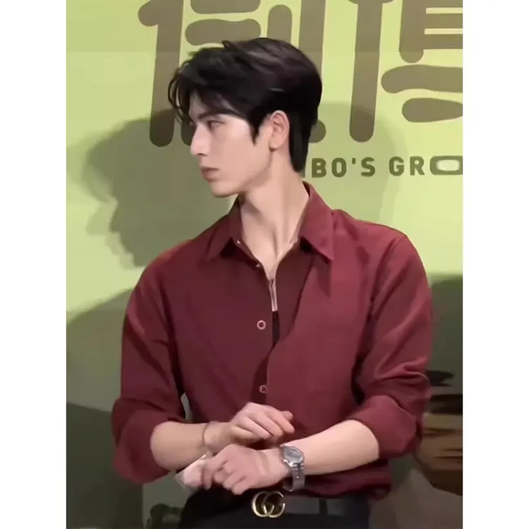张凌赫同款冰丝衬衫男长袖春夏款高级感痞帅垂感酒红色衬衣薄外套