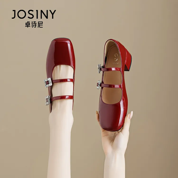 卓诗尼浅口单鞋2024夏新款法式方头小皮鞋粗跟休闲配裙子玛丽珍鞋